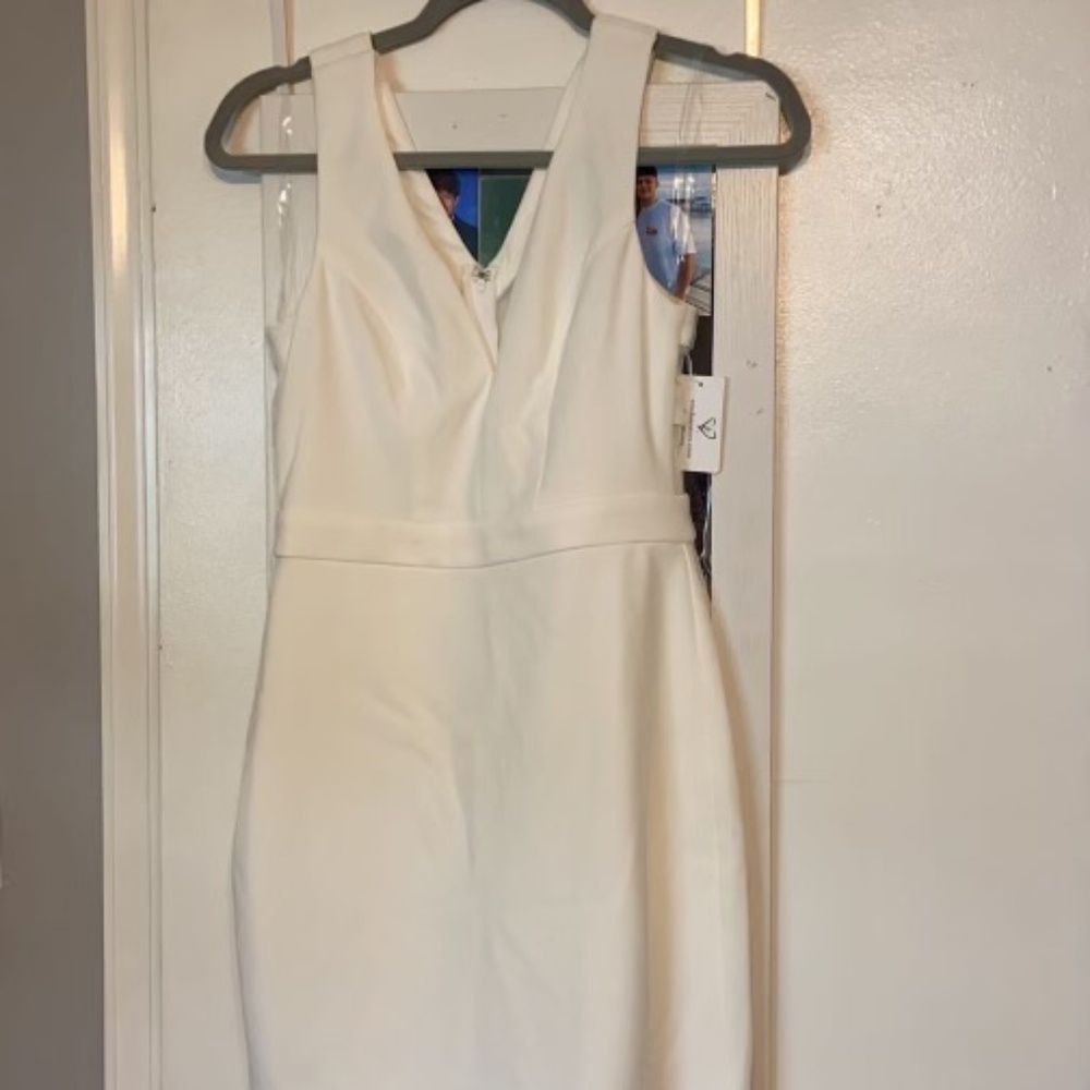 White bodycon, mesh backed, v-neck dress